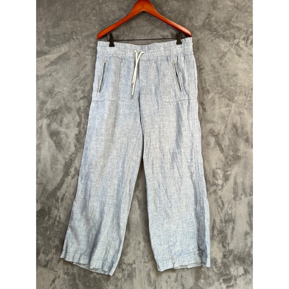 Athleta Cabo 100% Linen Wide Leg Pants Womens 12 34x30 Blue Chambray Mid Rise